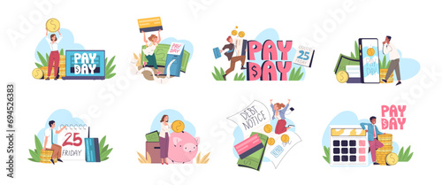 People payday. Paycheck happy event or salary payout concept, employee payroll budgeting payment date on calendar debt repayment payer with money pay tax classy vector illustration