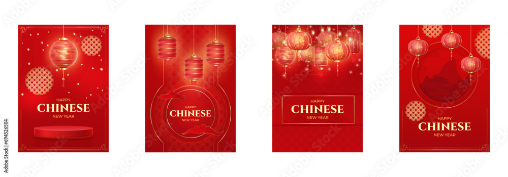 Realistic asian lanterns posters. China new lunar year spring flyers template, festive 3d red banner with lantern traditional ornament decor background decent vector illustration - obrazy, fototapety, plakaty 