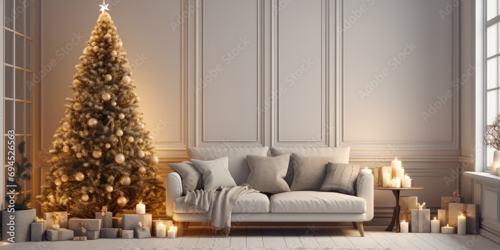 Evening Scandinavian Christmas living room with tree. Evening Scandinavian Christmas living room with tree.