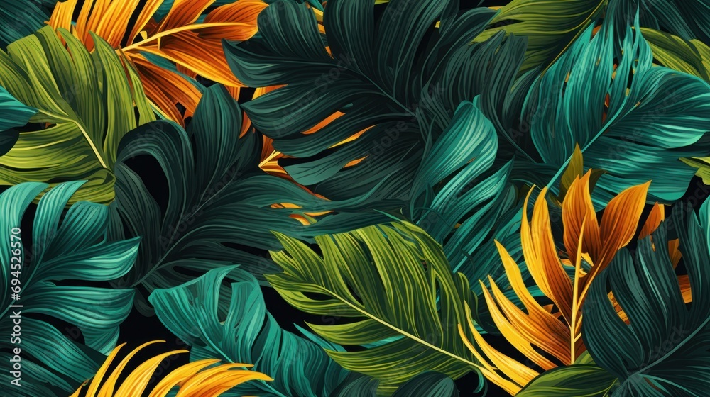 a close up of a bunch of green and yellow tropical leaves on a black background with yellow and green leaves. a close up of a bunch of green and yellow tropical leaves on a black background with yellow and green leaves.