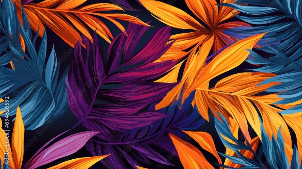 a bunch of colorful tropical leaves on a black background with a blue and orange color scheme in the middle of the image. a bunch of colorful tropical leaves on a black background with a blue and orange color scheme in the middle of the image.