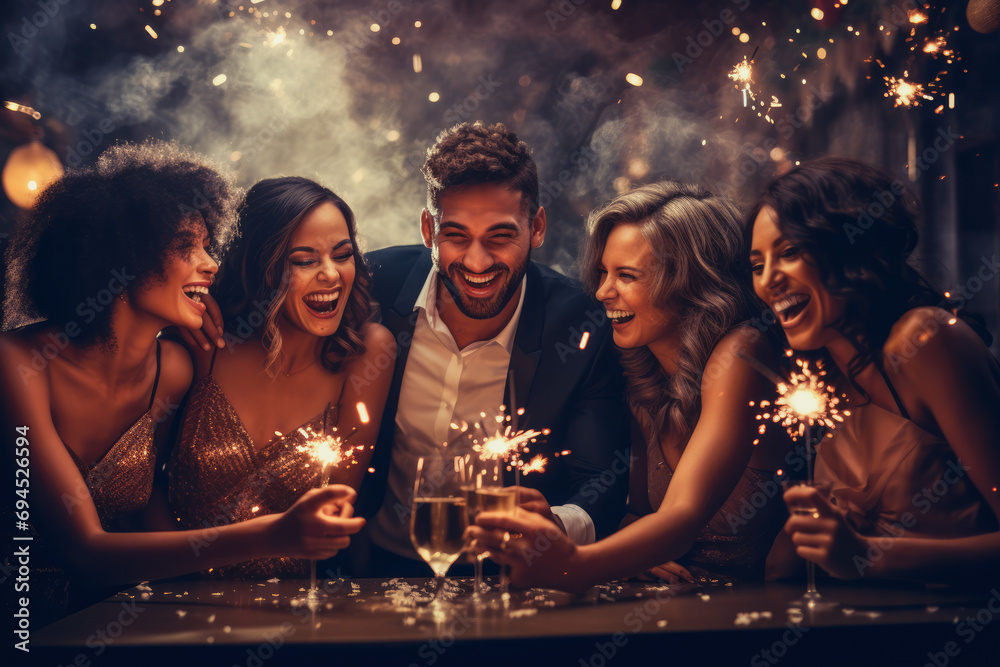 Friends celebrating Christmas or New Year eve party comeliness - obrazy, fototapety, plakaty 