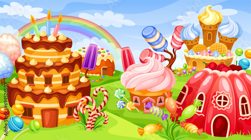 Candy landscape. Sweet storyland game panorama rainbow background, fantasy city sugar food cake tower marshmallows, fantasy trees sweets cream dessert neoteric vector illustration