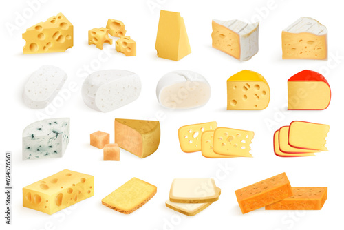 Realistic cheese pieces. 3d triangle piece cheeses collection, hard cheddar chunk with holes, edam sliced block parmesan holland