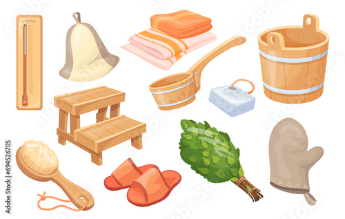 Sauna accessories. Finland bathhouse healthy spa cartoon elements, wooden bucket and bench green broom white towel bath hat