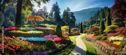 Sunken Garden in horizontal view, Butchart Gardens on Vancouver Island, Canada. photo