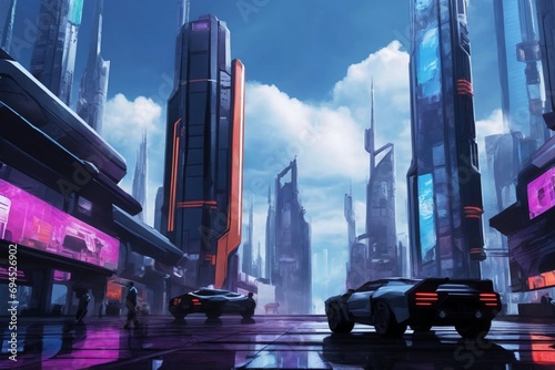 An urban cyberpunk scene with holographic billboards, and futuristic vehicles.