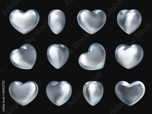 3d chrome heart. Metallic hearts rotation, steel iron silver platinum shiny metal object isolated love symbol geometric shape y2k design style realistic nowaday vector illustration