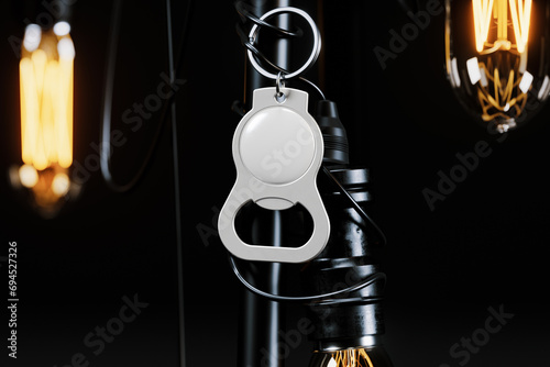 Branded metal bottle opener with key ring mockup. 3D rendering photo