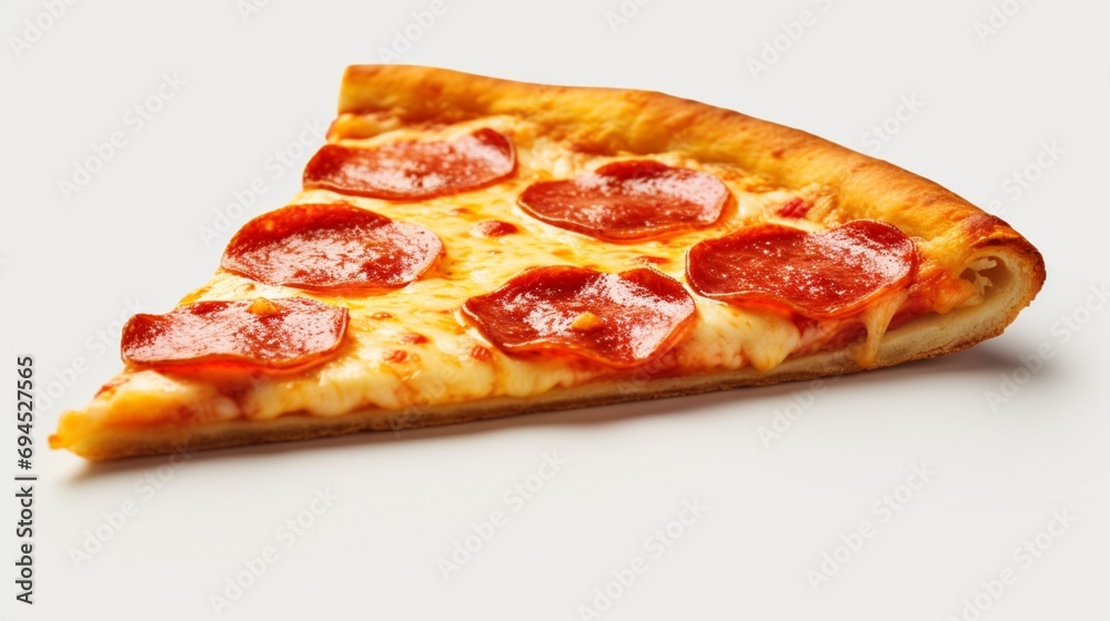 A pepperoni pizza slice captured as if in slow motion, showing individual cheese strands stretching, set against a clean white background A pepperoni pizza slice captured as if in slow motion, showing individual cheese strands stretching, set against a clean white background