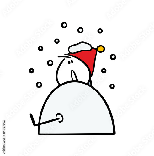Unfortunate boy in a winter hat was covered with snow in a snowfall. Vector illustration of funny stickman falling into snowdrift. Isolated man character on white background.