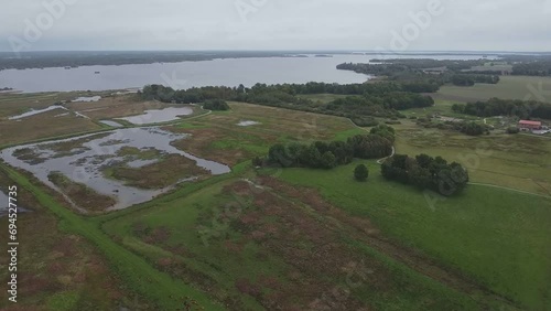 Footage of a serene nature reserve with cows in it and a huge lake of Europe in the background