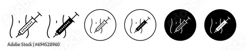 Insulin injecting icon. medical disposable needle injection for vaccine treatment at hospital logo set. drug injector plastic syringe with insulin symbol sign. diabetic pen injection vector 