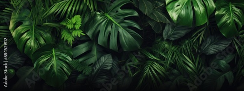 Green leaves background. Green tropical monstera leaves  palm leaves  coconut leaf  fern  palm leaf  banana leaf. Panoramic background. nature concept