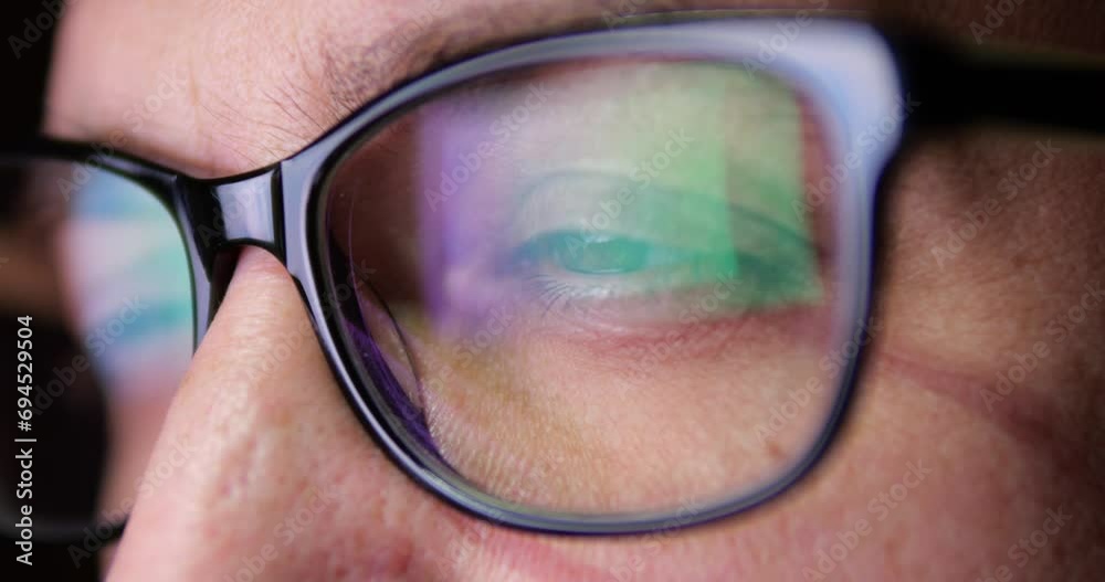 Close-up of eyes in glasses of businessman programmer. Work behind a monitor or laptop to create artificial intelligence. finance on the Internet. Hacker and network security.