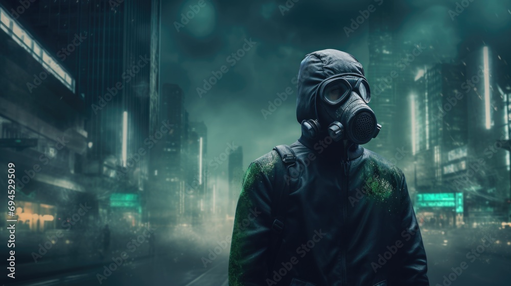 Man in gas mask in the city. Futuristic concept, AI generated Man in gas mask in the city. Futuristic concept, AI generated