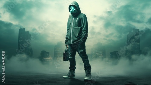 Hooded man standing in a foggy city with a briefcase, AI generated image