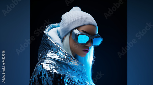 Concept of hip hop singer of the future with trendy and shiny clothes. White haired afro bipoc girl isolated on blue and black background, wearing big sunglasses