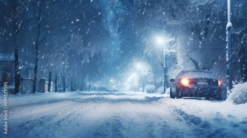 Car driving on a snowy road in the city at night, toned. AI generated image