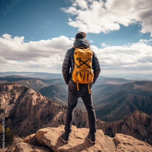 Hiker with backpack standing on the edge of a cliff and looking into the distance, AI generated