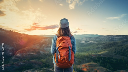 Back view of young woman hiker with backpack standing on top of a mountain and looking at the sunset, AI generated