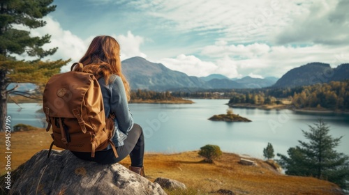 Young woman traveler with backpack sitting on a rock and looking at lake in mountains. AI generated