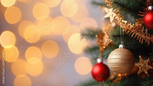 Christmas tree with decorations on blurred lights background  closeup. Space for text. AI generated