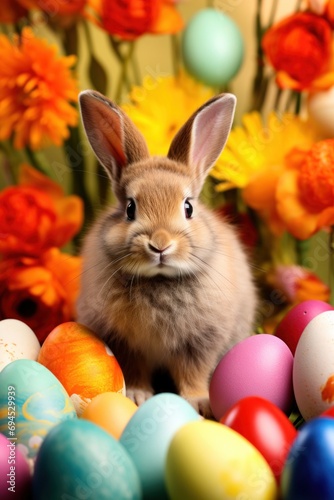 Vibrant background adorned with a charming bunny, colorful eggs, and festive cheer © ArtCookStudio
