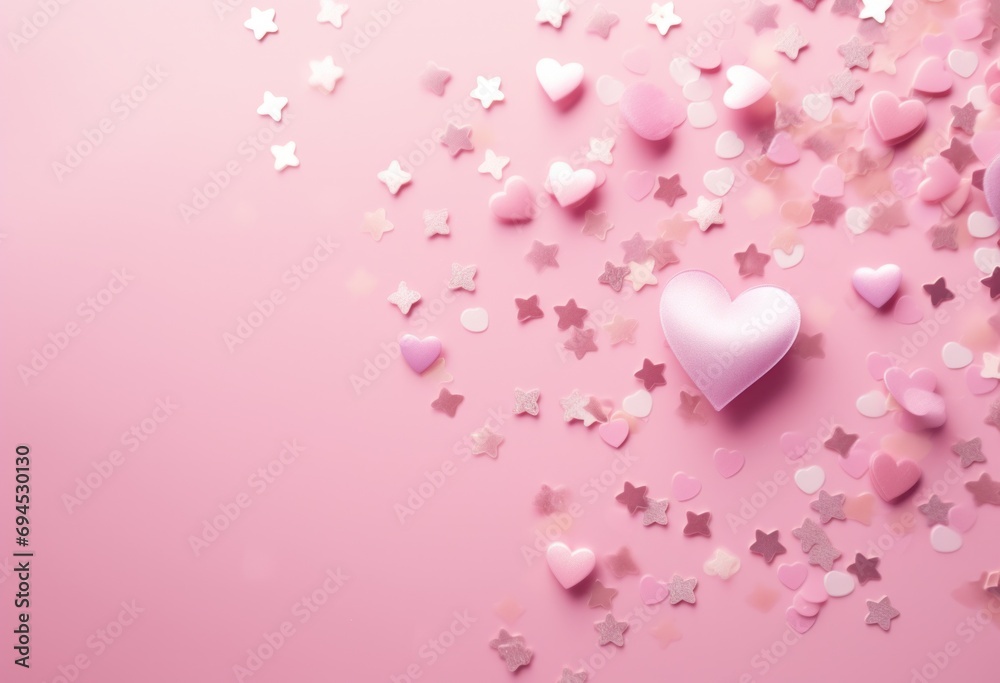 heart pink stars confetti on an iridescent pink background