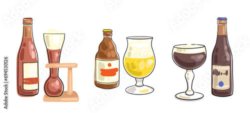 Set of three Belgian beer bottles and beer glasses. Picture in line style. Black outline with colored spots. Isolated on white background. Vector flat illustration. Bar menu template
