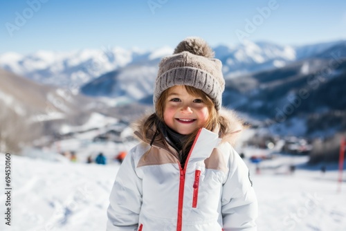 Lively Little girl ski resort. Hotel skier. Generate AI