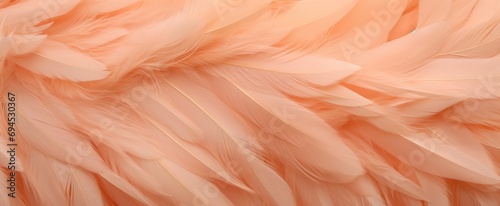 Soft Coral Peach Fuzz Feathers Texture Close-up. Close-up image capturing the delicate texture and soft coral hue of fluffy feathers, conveying a sense of gentleness and serenity.