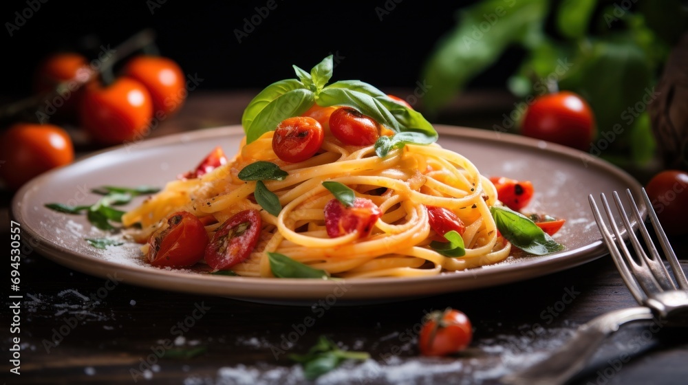 A tempting dinner arrangement with pasta, antipasti, and inviting copy space for text A tempting dinner arrangement with pasta, antipasti, and inviting copy space for text