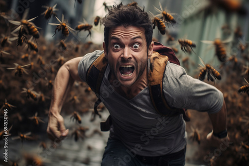 A man running away from bees, wasps.