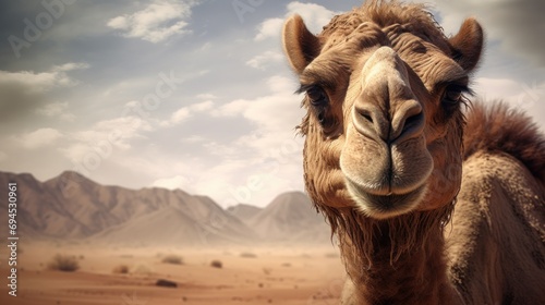  a camel standing in the middle of a desert with mountains in the backgrouds and clouds in the sky. photo