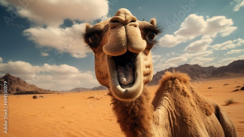  a close up of a camel with its mouth open and it's mouth wide open with mountains in the background.