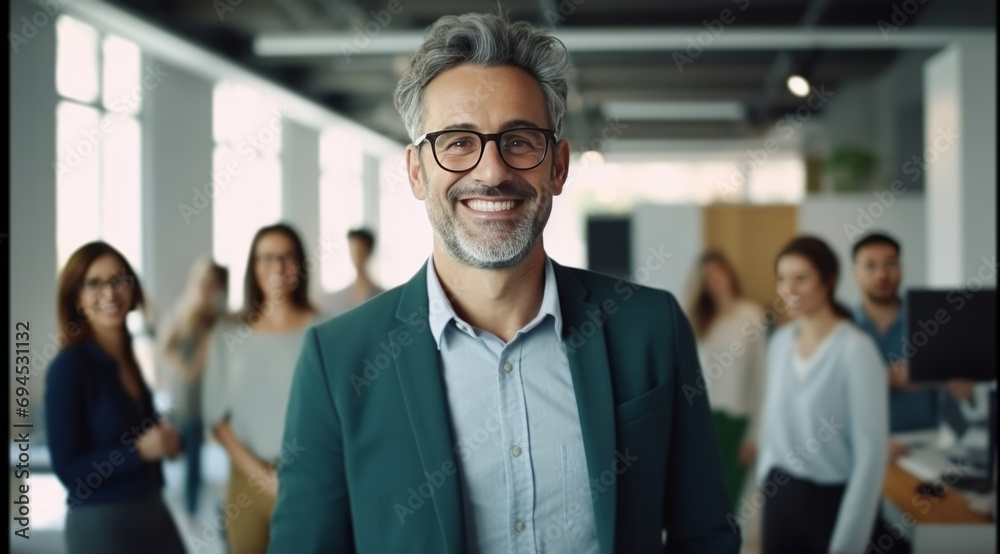 man smiling in office, with others around business man smiling in office, with others around business