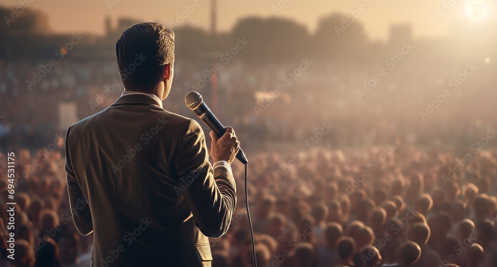 man with a microphone at a large outdoor event - obrazy, fototapety, plakaty 