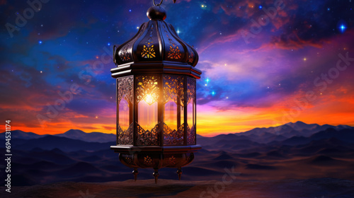 Traditional ornate lantern with a lit candle inside is placed on a wooden surface against the blurred backdrop. Ramadan celebration.