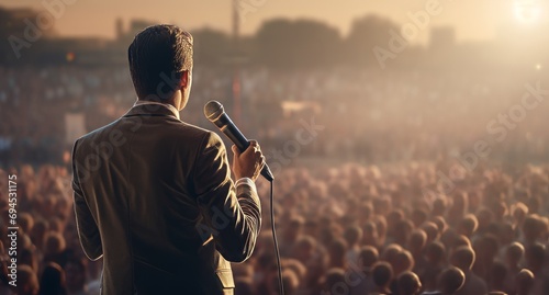 man with a microphone at a large outdoor event