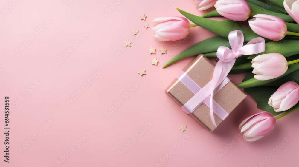 Gift box with a satin ribbon surrounded by pink tulips and delicate petal decorations on a pastel pink background