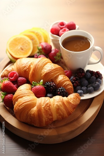 A delectable breakfast tableau featuring croissants, berries, and steaming coffee
