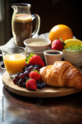 A delectable breakfast tableau featuring croissants, berries, and steaming coffee