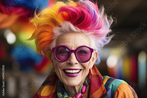 An elderly smiling woman with bright multi-colored hair, lilac sunglasses and bright clothes
