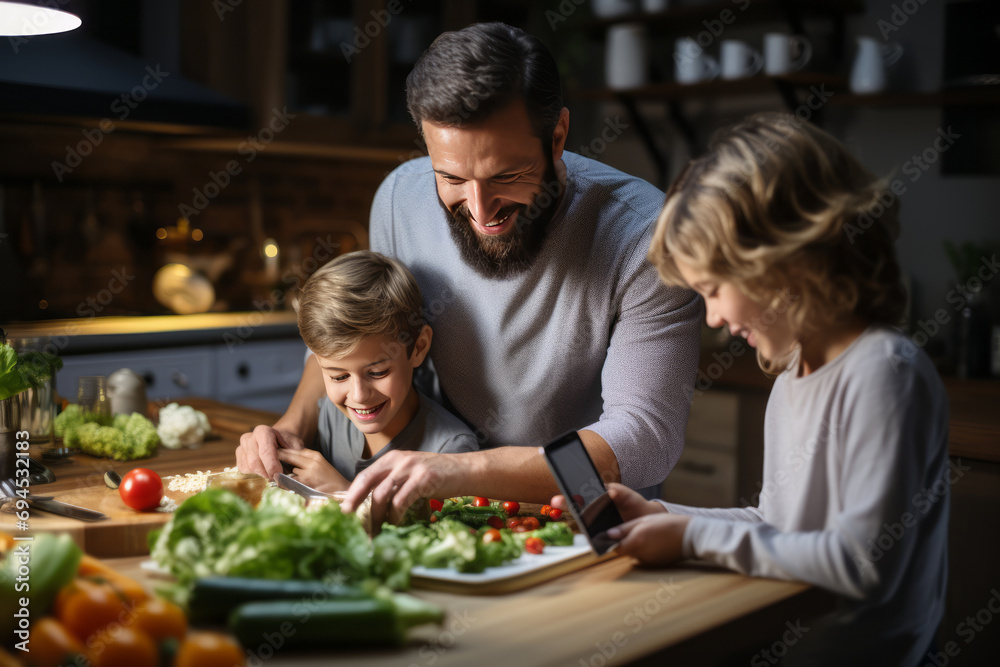 Children and dad prepare food, look at the recipe on a tablet with a touch screen in the kitchen at home.