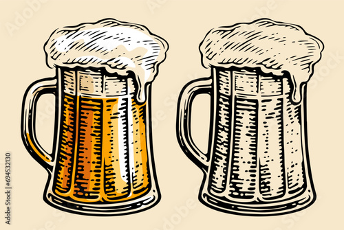 Glass mug full of beer with foam. Hand drawn vector illustration