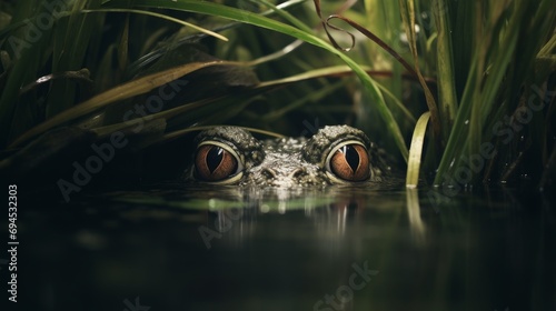  toad peeking from behind aquatic plants, frog