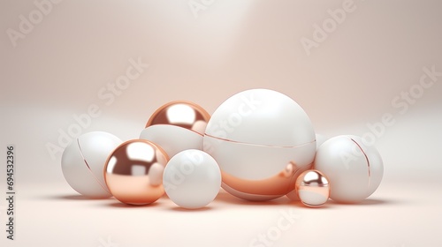  a pile of white and gold eggs sitting on top of each other in front of a light pink background with a spotlight.