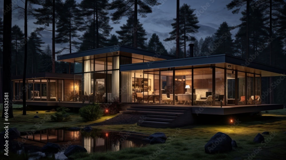 The outside of a modern, minimalist luxury home at night. Modern cabin house in forest.