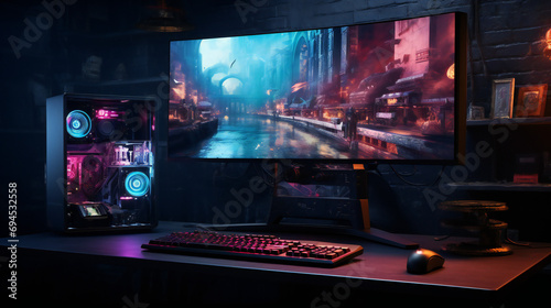 Gaming Computer Display With Keyboard And Mouse